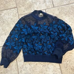 Chic Blue Floral Lace Sweater